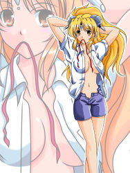 Rule 34 | 00s, 1girl, adjusting hair, alternate costume, bare legs, blonde hair, blush, brown eyes, facial mark, forehead mark, galaxy angel, hair ornament, hairclip, long hair, looking at viewer, mouth hold, no bra, open clothes, open shirt, ranpha franboise, ribbon, shirt, shorts, solo, unbuttoned, zoom layer