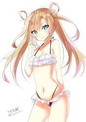Rule 34 | 1girl, abukuma (kancolle), bikini, blonde hair, blue eyes, blush, breasts, closed mouth, double bun, hair between eyes, hair rings, highres, hizaka, kantai collection, long hair, looking at viewer, navel, one-hour drawing challenge, simple background, small breasts, smile, solo, swimsuit, twitter username, white background