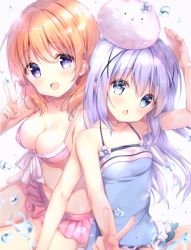 Rule 34 | 2girls, :d, :o, amedamacon, angora rabbit, animal, animal on head, bare shoulders, bikini, blue eyes, blue hair, blush, breasts, casual one-piece swimsuit, chestnut mouth, cleavage, commentary request, gochuumon wa usagi desu ka?, hair between eyes, hair ornament, hairclip, hoto cocoa, kafuu chino, kerchief, large breasts, light blue hair, long hair, looking at viewer, miniskirt, multiple girls, navel, on head, one-piece swimsuit, open mouth, orange hair, purple eyes, rabbit, simple background, skirt, smile, swimsuit, v, water, water drop, white background, x hair ornament