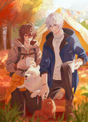 Rule 34 | 2boys, :o, ahoge, alternate costume, autumn, autumn leaves, backpack, bag, bishounen, blue eyes, boots, brown hair, camping, coffee mug, commentary, commentary request, cup, dog, forest, granblue fantasy, grass, highres, holding, holding cup, hood, hood down, jacket, jewelry, kakaki 28, kneeling, light blush, lucifer (shingeki no bahamut), male focus, messy hair, mug, multiple boys, nature, necklace, on one knee, open mouth, outdoors, parted lips, plant, pomeranian (dog), red eyes, samoyed (dog), sandalphon (granblue fantasy), shadow, shirt, short hair, sweater, tent, tied jacket, turtleneck, turtleneck sweater, white hair