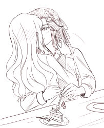 Rule 34 | 2girls, absurdres, arm around waist, blush, cake, cake slice, closed mouth, commentary, food, food theft, greyscale, hair ornament, hair ribbon, hand on another&#039;s neck, highres, holding, holding food, kiss, long hair, looking at another, monochrome, multiple girls, plate, ribbon, rtf 11th, saijou claudine, shoujo kageki revue starlight, smile, tendou maya, upper body, x hair ornament, yuri