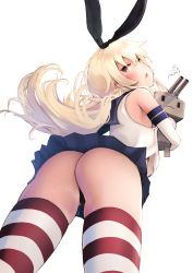 Rule 34 | 1girl, absurdres, ass, black panties, blonde hair, blue skirt, crop top, elbow gloves, from below, gloves, grey eyes, highres, kantai collection, long hair, microskirt, mmk, panties, pleated skirt, rensouhou-chan, sailor collar, shimakaze (kancolle), simple background, skirt, solo, striped clothes, striped thighhighs, thighhighs, underwear, white background, white gloves