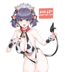 Rule 34 | 2021, animal ears, animal print, barcode, bare shoulders, bell, blush, breasts, chinese zodiac, cleavage, collar, collarbone, cow ears, cow horns, cow print, cow tail, cropped, ear tag, english text, fingernails, gdd (vkejr702), happy new year, highres, horn ornament, horn ribbon, horns, large breasts, maid headdress, mole, mole on armpit, mole on breast, mole on thigh, mole under eye, mole under mouth, navel, new year, open mouth, original, purple eyes, purple hair, red collar, red ribbon, ribbon, simple background, solo, tail, teeth, thighs, tongue, twintails, upper teeth only, white background, year of the ox
