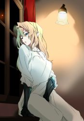 Rule 34 | 10s, 1girl, arm support, between legs, blonde hair, blue eyes, blush, dress, female masturbation, hair intakes, hand between legs, lamp, long hair, looking back, masturbation, mechanical arms, nightgown, open mouth, sitting, solo, umanosuke, violet evergarden, violet evergarden (series), white dress, window