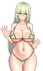 Rule 34 | 1girl, absurdres, against fourth wall, against glass, banshee (last origin), bikini, breast press, breasts, breasts on glass, cleavage, collarbone, cowboy shot, green hair, hair between eyes, hands up, heart, heart-shaped pupils, highres, huge breasts, last origin, long hair, looking at viewer, makslus70, micro bikini, navel, open mouth, orange eyes, simple background, solo, straight-on, swimsuit, symbol-shaped pupils, thigh gap, thighs, wide hips