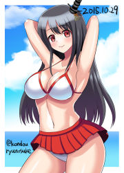 Rule 34 | 10s, 1girl, 2015, armpits, arms behind head, arms up, bikini, black hair, blush, breasts, cleavage, curvy, dated, day, female focus, fusou (kancolle), hair ornament, kantai collection, kondou ryunosuke, large breasts, long hair, looking at viewer, navel, panties, red eyes, skirt, smile, solo, swimsuit, twitter username, underwear, wide hips