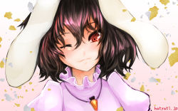 Rule 34 | 1girl, animal ears, blush, brown hair, rabbit ears, face, hachachi, inaba tewi, jewelry, looking at viewer, necklace, red eyes, short hair, smile, solo, touhou, watermark, web address, wink