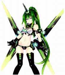 Rule 34 | 10s, 1girl, bare shoulders, blue eyes, breasts, crop top, elbow gloves, gloves, green hair, green heart (neptunia), headgear, highres, horns, large breasts, long hair, looking at viewer, navel, neptune (series), next green, ponytail, power symbol, power symbol-shaped pupils, simple background, single horn, solo, symbol-shaped pupils, thighhighs, tsunako, vert (neptunia), white background
