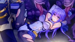 Rule 34 | 1girl, arms behind back, belt, black pantyhose, blush, brave hunter, brave hunter aoi, breasts, cleavage, clenched teeth, elbow gloves, game cg, gloves, include (studio), kagami aoi (brave hunter aoi), leg lift, leg up, long hair, magical girl, monster, pantyhose, ponytail, purple eyes, purple hair, restrained, saliva, skirt, solo focus, spread legs, teeth, tongue, torn clothes, torn legwear, torn skirt, yoshi hyuuma