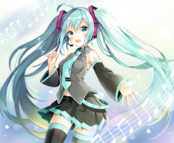 Rule 34 | 1girl, ahoge, aqua eyes, aqua hair, blue background, blush, cowboy shot, detached sleeves, gradient background, hair between eyes, hatsune miku, headset, long hair, looking at viewer, musical note, nail polish, navel, necktie, open mouth, outstretched arm, pleated skirt, shiro kuma shake, sidelocks, skirt, solo, thighhighs, twintails, very long hair, vocaloid