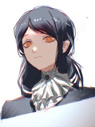 Rule 34 | absurdres, ascot, black hair, black shirt, blurry, chainsaw man, closed mouth, death devil (chainsaw man), expressionless, highres, kozzz y, long hair, looking at viewer, nun, ringed eyes, shirt, simple background, solo, traditional nun, white ascot, white background, yellow eyes