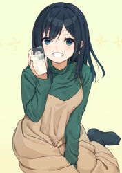 Rule 34 | 1girl, black hair, black socks, blue eyes, brown dress, commentary request, commission, dress, glass, green sweater, grin, hair down, kantai collection, looking at viewer, mitsuyo (mituyo324), official alternate costume, official alternate hairstyle, smile, socks, solo, souryuu (kancolle), sweater