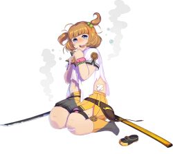 Rule 34 | 1girl, artist request, bandaid, beads, belt, blue eyes, blunt bangs, boots, bracelet, dot nose, full body, hair beads, hair ornament, hasebe shikiri, jewelry, katana, light brown hair, looking at viewer, medium hair, navel, no shoes, official art, open mouth, pleated skirt, shinken!!, shirt, shoes, unworn shoes, short sleeves, simple background, single shoe, skirt, solo, sweat, sword, tareme, tearing up, thick thighs, thigh strap, thighs, third-party source, torn clothes, torn shirt, two side up, weapon, white background, white shirt