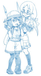 Rule 34 | 10s, 2girls, adjusting clothes, adjusting headwear, backpack, bag, bbb (friskuser), blue theme, bodysuit, bodysuit under clothes, boots, bow, bucket hat, commentary request, glasses, gloves, greyscale, hair between eyes, hair bow, hat, hat feather, unworn hat, unworn headwear, holding, holding clothes, holding hat, jacket, kaban (kemono friends), kemono friends, loafers, low ponytail, mirai (kemono friends), monochrome, multiple girls, open mouth, pantyhose, pantyhose under shorts, safari jacket, shirt, shoes, short sleeves, shorts, smile, socks, t-shirt, white background