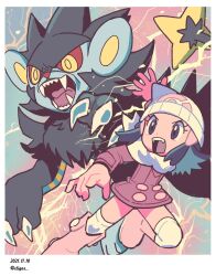 Rule 34 | 1girl, beanie, black fur, blue fur, boots, claws, coat, colored sclera, creatures (company), dated, dawn (pokemon), electricity, fangs, game freak, gen 4 pokemon, hat, highres, luxray, nintendo, open mouth, pink coat, pink footwear, pokemon, pokemon dppt, red sclera, scarf, sharp teeth, teeth, tongue, tora (ctiger), twitter username, upper teeth only, white hat, white scarf, yellow eyes