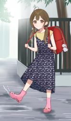 Rule 34 | 1girl, absurdres, after rain, aged down, ahoge, animal print, backpack, bag, boots, brown hair, dress, full body, highres, holding strap, idolmaster, idolmaster shiny colors, kuwayama chiyuki, looking at viewer, outdoors, print dress, rabbit print, randoseru, red bag, rubber boots, sjuno, smile, solo, twintails
