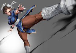 Rule 34 | 1girl, blue dress, boots, bracelet, breasts, brown eyes, brown hair, brown pantyhose, bun cover, capcom, china dress, chinese clothes, chun-li, cross-laced footwear, double bun, dress, female focus, grey background, hair bun, highres, jewelry, kicking, knee boots, lace-up boots, large breasts, pantyhose, pelvic curtain, puffy short sleeves, puffy sleeves, sash, short sleeves, side slit, simple background, solo, spiked bracelet, spikes, street fighter, thick thighs, thighs, white footwear, yana (nekoarashi)
