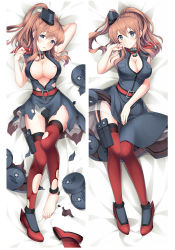 Rule 34 | 1girl, arm behind back, armpits, barefoot, belt, belt buckle, black dress, blue eyes, blush, breasts, brown hair, buckle, cleavage, closed mouth, dress, dress tug, from above, garter straps, hair between eyes, kantai collection, long hair, looking at viewer, lying, medium breasts, on back, red belt, red thighhighs, saratoga (kancolle), see-through, short dress, smile, solo, summer-d (dodojune), thighhighs, torn clothes, torn dress, torn thighhighs