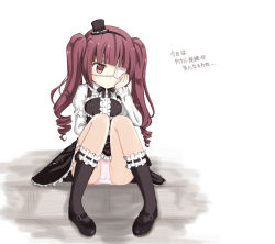 Rule 34 | 1girl, blush, breasts, brown eyes, brown hair, cameltoe, eyepatch, frilled socks, frills, gothic lolita, groin, hanazono yurine, hand on own face, hat, jashin-chan dropkick, lolita fashion, mini hat, panties, pink panties, red eyes, red hair, shoes, simple background, sitting, skirt, small breasts, socks, solo, spread legs, stdadadada, stone floor, twintails, underwear, upskirt, white background