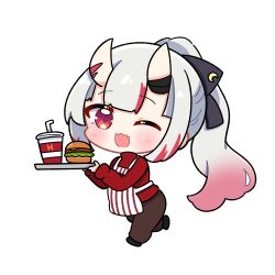 1girl apron brown_pants burger chibi cup disposable_cup dohoon employee_uniform fang food gradient_hair grey_hair hair_ribbon highres holding holding_tray hololive horns multicolored_hair nakiri_ayame oni pants ponytail red_eyes red_hair red_sweater ribbon running skin-covered_horns skin_fang streaked_hair sweater tray turtleneck virtual_youtuber