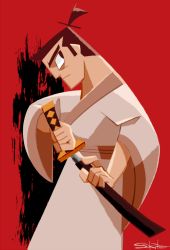 Rule 34 | 1boy, cowboy shot, drawing sword, holding, holding sword, holding weapon, japanese clothes, male focus, profile, red background, sakiko (gekiama), samurai jack, samurai jack (character), signature, simple background, solo, sword, topknot, weapon