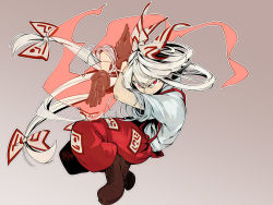 Rule 34 | &gt;:(, 1girl, asutora, boots, bow, brown footwear, brown gloves, closed mouth, frown, fujiwara no mokou, full body, gloves, hair bow, long hair, looking at viewer, ofuda, ofuda on clothes, pants, red eyes, red pants, serious, shirt, silver hair, solo, suspenders, swept bangs, touhou, v-shaped eyebrows, very long hair, white bow, white shirt