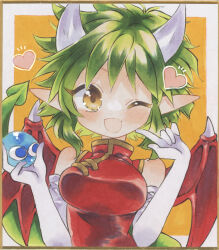 Rule 34 | 1girl, border, brown eyes, china dress, chinese clothes, draco centauros, dragon tail, dragon wings, dress, elbow gloves, fang, gloves, green hair, heart, horns, madou monogatari, one eye closed, open mouth, orange background, puyo (puyopuyo), puyopuyo, red dress, red wings, short hair, tail, traditional media, white border, white gloves, white horns, wings, wminiminiw