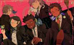 Rule 34 | 2boys, 3girls, a-kai202, amity blight, black suit, bolo tie, clover (the owl house), dark-skinned female, dark-skinned male, dark skin, formal, ghost (the owl house), glasses, gus porter, hair slicked back, highres, hunter (the owl house), looking at viewer, luz noceda, mage staff, multiple boys, multiple girls, neck ribbon, necktie, pointy ears, ribbon, round eyewear, scar, scar on face, staff, stringbean (the owl house), suit, the owl house, willow park