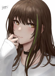 Rule 34 | 1girl, black choker, blush, brown eyes, brown hair, choker, close-up, closed mouth, girls&#039; frontline, green hair, highres, jewelry, long sleeves, looking at viewer, m4a1 (girls&#039; frontline), multicolored hair, necklace, selcky, shirt, signature, simple background, solo, streaked hair, upper body, white background, white shirt