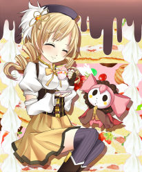Rule 34 | 10s, 1girl, ^ ^, beret, black thighhighs, blonde hair, boots, bow, cake, charlotte (madoka magica), cheese, closed eyes, corset, creature, cup, detached sleeves, dress, drill hair, fingerless gloves, food, fruit, gloves, harukaruha, hat, highres, long hair, mahou shoujo madoka magica, mahou shoujo madoka magica (anime), ribbon, sitting, smile, strawberry, striped clothes, striped thighhighs, teacup, thighhighs, tomoe mami, twintails, vertical-striped clothes, vertical-striped thighhighs, yellow bow
