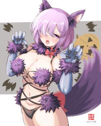 Rule 34 | 1girl, absurdres, animal ears, bare shoulders, black panties, blush, bow, breasts, cleavage, elbow gloves, fate/grand order, fate (series), fur-trimmed gloves, fur collar, fur trim, gloves, hair over one eye, highres, large breasts, looking at viewer, mash kyrielight, mash kyrielight (dangerous beast), navel, o-ring, open mouth, panties, purple eyes, purple gloves, revealing clothes, short hair, solo, tail, tetsu no samurai, thighs, underwear, wolf ears, wolf tail