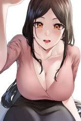 Rule 34 | 1girl, absurdres, black skirt, blush, breasts, brown hair, cleavage, collarbone, forehead, highres, large breasts, leaning forward, long hair, long sleeves, looking at viewer, open mouth, original, parted bangs, pink shirt, rororo, shirt, sidelocks, simple background, skirt, smile, solo, v-neck, white background