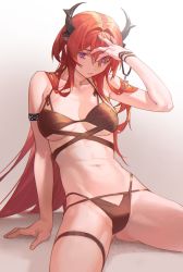Rule 34 | 1girl, absurdres, arknights, arm support, arm up, ass, bare shoulders, bikini, black bikini, breasts, brown background, closed mouth, collarbone, cross, female focus, gradient background, hair intakes, hair over one eye, hand on own head, highres, horns, infection monitor (arknights), leaning back, long hair, looking at viewer, medium breasts, navel, purple eyes, red hair, sitting, solo, stomach, surtr (arknights), swimsuit, thigh strap, underboob, very long hair, wushier