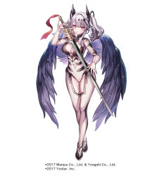 Rule 34 | 1girl, azur lane, black wings, breasts, cleavage, covered navel, feathered wings, full body, grey hair, hair between eyes, hand up, holding, holding sword, holding weapon, joffre (azur lane), komeshiro kasu, large breasts, long hair, official art, parted lips, pink eyes, simple background, solo, standing, sword, twintails, weapon, white background, wings