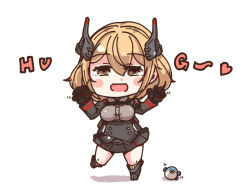 Rule 34 | 1girl, :d, animal, azur lane, black jacket, black skirt, blonde hair, blush, breasts, brown eyes, buttons, chibi, collared shirt, cropped jacket, dress shirt, english text, eyebrows, fish, full body, grey shirt, hair between eyes, hands up, headgear, heart, horoyuki (gumizoku), jacket, large breasts, leg up, long sleeves, looking at viewer, miniskirt, motion lines, multicolored hair, open clothes, open jacket, open mouth, pleated skirt, puffer fish, red hair, roon (azur lane), shadow, shirt, short hair, simple background, skirt, smile, solo, standing, standing on one leg, streaked hair, white background