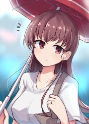 Rule 34 | 1girl, ^^^, bag, blouse, blurry, blurry background, brown eyes, brown hair, collarbone, commentary request, highres, jewelry, kantai collection, long hair, looking at viewer, one-hour drawing challenge, ooi (kancolle), red umbrella, ring, shirt, solo, soramuko, umbrella, upper body, wedding band, white shirt