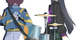 2girls awa_subaru black_hair black_shirt blue_jacket blue_shirt collared_shirt commentary cymbals drum drum_set electric_guitar girls_band_cry green_skirt guitar instrument iseri_nina jacket long_hair long_sleeves multiple_girls narin70 neckerchief purple_neckerchief red_hair school_uniform serafuku shirt short_twintails shorts simple_background skirt twintails unmei_no_hana_(girls_band_cry) white_background white_shorts