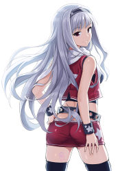 Rule 34 | 1girl, ass, black thighhighs, blush, hairband, hand on own hip, hand on thigh, idolmaster, idolmaster (classic), long hair, looking at viewer, looking back, mofu (mof swimradio), shijou takane, silver hair, simple background, skindentation, skirt, smile, solo, thighhighs, white background, zettai ryouiki