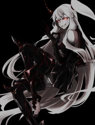 Rule 34 | 1girl, abyssal ship, aircraft carrier princess, armor, barefoot, black background, black dress, black sailor collar, breasts, claws, colored skin, dress, fingernails, grin, highres, horns, kantai collection, long hair, nail polish, ok sign, pale skin, red eyes, sailor collar, sailor dress, sharp fingernails, shide kouri, simple background, single horn, smile, solo, toenail polish, toenails, torn clothes, very long fingernails, very long hair, white hair, white skin