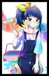 Rule 34 | 1girl, ahoge, blue eyes, blue hair, blue overalls, blush, bow, commentary request, hair bow, highres, hirogaru sky! precure, hood, hoodie, long hair, open mouth, overalls, paint on body, paint on clothes, paint roller, precure, shoes, single sidelock, sitting, sneakers, solo, sora harewataru, wariza, white footwear, white hoodie, yellow bow, yumi san0112