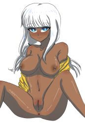 Rule 34 | 1girl, :3, anus, ass, bare hips, bare legs, bare stomach, blue eyes, blush, breasts, cleavage, coat, collarbone, danganronpa (series), danganronpa v3: killing harmony, dark-skinned female, dark skin, eyelashes, feet out of frame, female focus, full body, highres, iwu11, jacket, knees up, large breasts, long hair, looking at viewer, navel, nipples, nude, partially undressed, pussy, raised eyebrows, removing jacket, shiny skin, simple background, sitting, smile, solo, spread legs, thighs, wavy mouth, white background, white hair, yellow coat, yellow jacket, yonaga angie