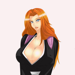 Rule 34 | 1girl, absurdres, bleach, blue eyes, breasts, chain, chain necklace, cleavage, highres, huge breasts, jewelry, large breasts, lips, long hair, looking at viewer, matsumoto rangiku, necklace, orange hair, pink background, solo, tagme