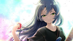 Rule 34 | 1girl, absurdres, asahi rokka, bang dream!, black shirt, blue hair, commentary request, electric guitar, frown, getsuyou yasumi, green eyes, guitar, hair ornament, hair scrunchie, highres, holding, instrument, lock (bang dream!), long hair, looking at viewer, red scrunchie, scrunchie, unworn scrunchie, shirt, short sleeves, solo, upper body, v-shaped eyebrows
