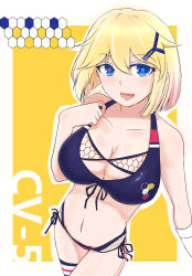 Rule 34 | 1girl, absurdres, bad id, bad pixiv id, bare shoulders, bikini, blonde hair, blue eyes, blush, breasts, cleavage, collarbone, cowboy shot, eyebrows, foreshortening, from above, hair ornament, hairclip, hexagon, highres, honeycomb pattern, large breasts, looking at viewer, lulu heika, navel, open mouth, short hair, side-tie bikini bottom, smile, solo, swimsuit, warship girls r, yorktown (warship girls r)