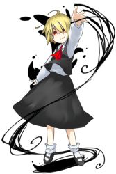 Rule 34 | 1girl, ahoge, ascot, bad id, bad pixiv id, black skirt, blonde hair, blouse, darkness, ex-rumia, highres, red eyes, rumia, shirt, short hair, simple background, skirt, smile, solo, touhou, usalxlusa, vest, white background