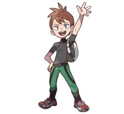 Rule 34 | 1boy, arm up, artist request, backpack, bag, black eyes, black shirt, black socks, brown hair, creatures (company), full body, game freak, green pants, hand on own hip, happy, looking at viewer, male focus, mizutani megumi, nintendo, official art, open mouth, outline, pants, pokemon, pokemon lgpe, red footwear, shirt, shoes, short hair, short sleeves, simple background, smile, socks, solo, standing, teeth, trace (pokemon), transparent background, white outline