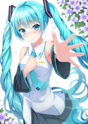 Rule 34 | 1girl, aqua hair, aqua necktie, bare shoulders, black skirt, blue eyes, blush, closed mouth, collared shirt, commentary request, detached sleeves, flower, hair between eyes, hair ornament, hatsune miku, kaieee, long hair, long sleeves, looking at viewer, necktie, outstretched arm, pleated skirt, purple flower, shirt, skirt, sleeveless, sleeveless shirt, smile, solo, twintails, very long hair, vocaloid, white background, white shirt, wide sleeves