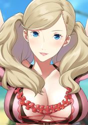 Rule 34 | 1girl, alternate costume, asymmetrical bangs, blonde hair, blue eyes, breasts, hair ornament, hairclip, highres, igni tion, large breasts, looking at viewer, open mouth, persona, persona 5, swimsuit, takamaki anne, upper body