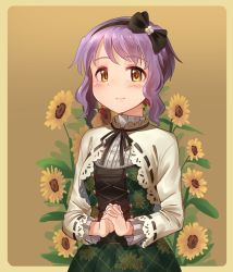 Rule 34 | 1girl, absurdres, black bow, blush, bow, closed mouth, flower, hairband, highres, idolmaster, idolmaster million live!, kamille (vcx68), long sleeves, looking at viewer, makabe mizuki, own hands clasped, own hands together, purple hair, rose, short hair, smile, solo, sunflower, upper body, yellow eyes