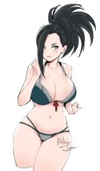Rule 34 | 1girl, alternate costume, artist name, bare shoulders, bikini, black hair, boku no hero academia, breasts, cleavage, cloud, cropped legs, grey bikini, grey eyes, hair over one eye, large breasts, long hair, looking at another, multi-strapped bikini bottom, navel, open mouth, ponytail, relaxjon, shiny skin, simple background, sky, solo, stomach, swimsuit, thighs, white background, yaoyorozu momo